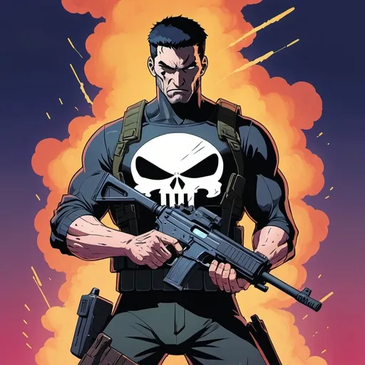 Prompt: Studio Ghibli-style 2D illustration of The Punisher, wielding 2 Uzi, vibrant and detailed, anime, action-packed, dynamic pose, intense gaze, smooth and flowing lines, detailed weaponry, atmospheric lighting, highres, detailed eyes, professional, vibrant colors, dynamic composition, sleek design, anime-style, intense action, smooth lines