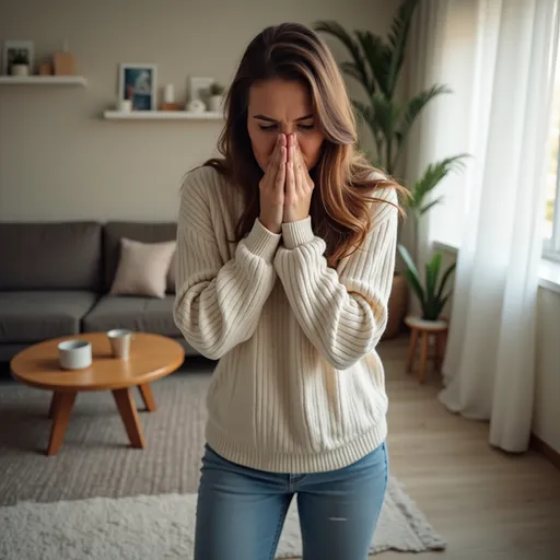 Prompt: an image of a woman sneezing while standing in a living room  with carpet floors 

