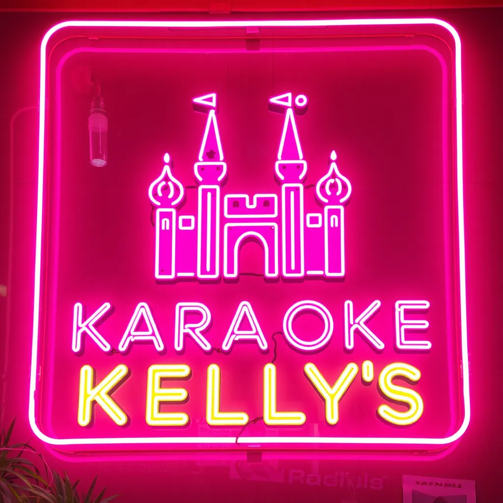 Prompt: a pink neon sign with a logo of a pink neon castle and the words Karaoke Kellys as the main text for the sign.