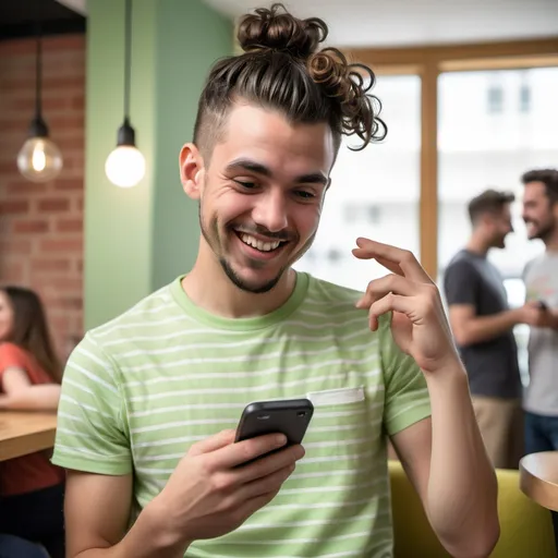 Prompt: A young man with dark, curly hair styled into a playful top knot is smiling broadly while holding a phone to his ear, suggesting an engaging conversation. He wears a light green t-shirt with a white stripe, and his cheerful expression is accentuated by a prominent goatee and well-groomed features. The setting is a cozy indoor space, with a vibrant floral bedspread, scattered clothes in the background, and yellow walls, which contribute to a warm, lived-in atmosphere. Natural light filters through a nearby window, highlighting the man's joyful demeanor and the casual, relaxed environment. The overall mood of the scene conveys a sense of happiness and connection.
