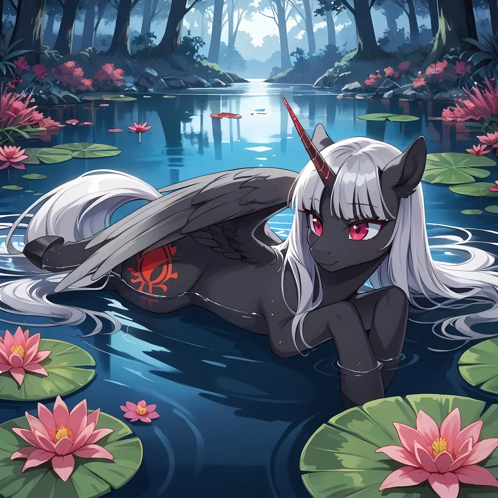 Prompt: black alicorn with red white and gray mane with gemstone horn laying in a shallow pond of eerie purple mist sorrounded by wilted flowers during the nighttime