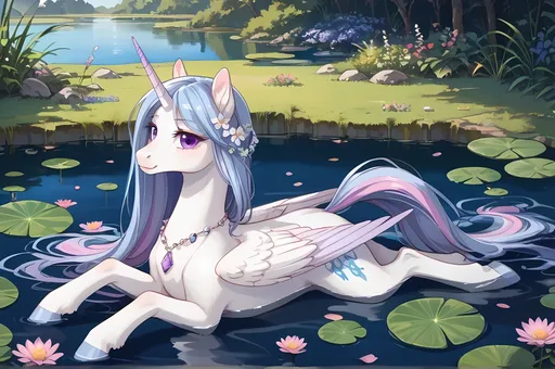 Prompt: white alicorn with purple pink and blue mane with gemstone horn laying in a shallow pond sorrounded by pastel flowers during the daytime