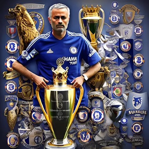 Prompt: Realistic depiction of a trophy collage, Jose Mourinho's iconic Chelsea moments, 'How He Did It' emblem, polished silver and gold trophies, intricate details, high-quality realism, professional lighting, detailed engraving, celebratory atmosphere, iconic Chelsea moments, historical significance, polished finish, professional, highres, detailed, realistic, trophy collage, Jose Mourinho, Chelsea, 'How He Did It', polished, celebratory, historical, iconic