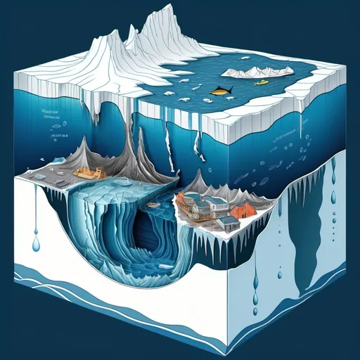 Prompt: make an scientific cross section illustration of the arctic deep ocean with sea ice at the top, then the water masses, followed by the seafloor and at the bottom the subseafloor sediments