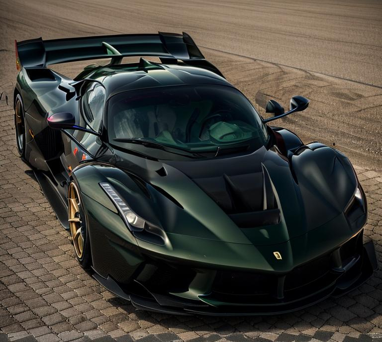 Prompt:  Dark Green Ferrari LaFerrari, futuristic lights, full car, black wheels, Black Ferrari FXX-K Evo wing in the back, Black Ferrari FXX-K Evo canards on the sides, golden rims, black mirrors, Formula 1 style roof scope on the roof