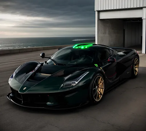 Prompt:  Dark Green Ferrari LaFerrari, futuristic lights, full car, black wheels, Black Ferrari FXX-K Evo wing in the back, Black Ferrari FXX-K Evo canards on the sides, golden rims, black mirrors, Formula 1 style roof scope on the roof