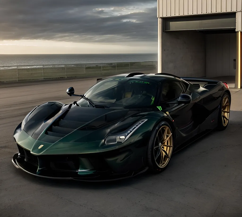 Prompt:  Dark Green Ferrari LaFerrari, futuristic lights, full car, black wheels, Black Ferrari FXX-K Evo wing in the back, Black Ferrari FXX-K Evo canards on the sides, golden rims, black mirrors, Formula 1 style roof scope on the roof