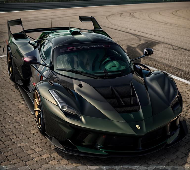 Prompt:  Dark Green Ferrari LaFerrari, futuristic lights, full car, black wheels, Black Ferrari FXX-K Evo wing in the back, Black Ferrari FXX-K Evo canards on the sides, golden rims, black mirrors, Formula 1 style roof scope on the roof