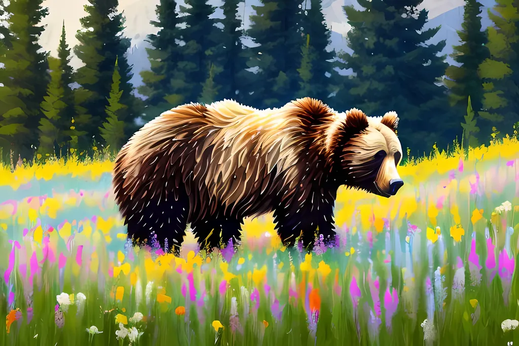 Prompt:  long shot painting of a grizzly bear {holding an iPhone} in a wild flower field with coniferous trees in the background {Banff, Canada}. The sky is blue and clear with few white clouds.