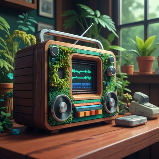 Prompt: pixel art, close up, futuristic radio, table, ecology, plants, rocking chair, harmonious blend of nature and technology,
hight depth, 4k, high resolution