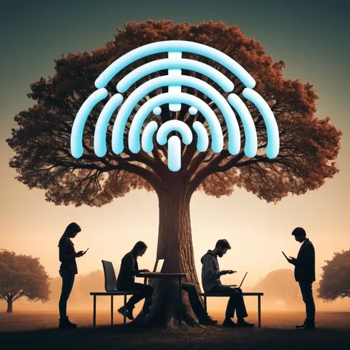 Prompt: people using the internet being in front of a wifi symboled tree