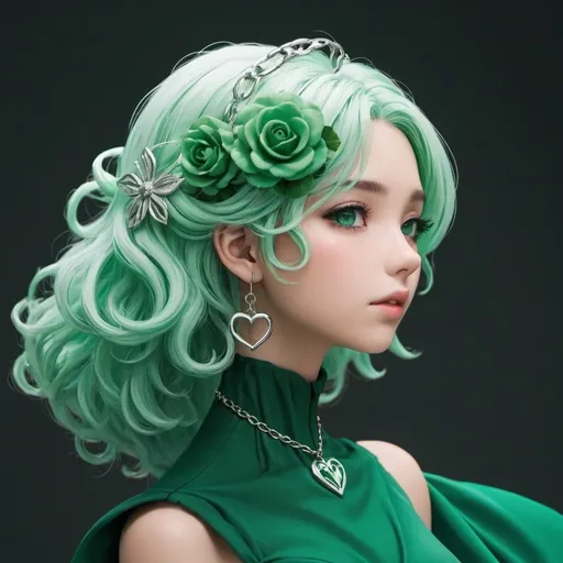 Prompt: Imagine an anime-style character 

Character Design:
Hair: A flowing, voluminous, dusky rose colour 
Eyes: Bright, glowing emerald green
Outfit: A "heart-shaped" neckline dress matching the hair colour and ruching from the chest to the knees. 
Accessories: a claw clip with silver chains hanging from it, with flower embellishments.  Platform strappy sandals with chunky heels
Background: a flower-filled meadow