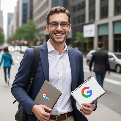 Prompt: a white-collar banker holds a Google-brand  notebook and wears a Google-brand bag walking on the street with big smile on his face