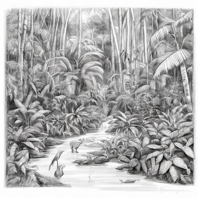Prompt: Black and white sketch of "Exploring the Rainforest Habitat"
