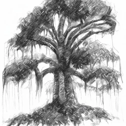 Prompt: Detailed black and white sketch of "Tree Study". Rainforest Tree

