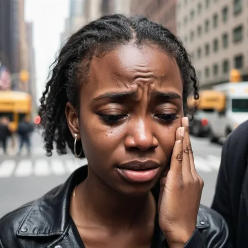 Prompt: Crying black young lady after loosing his female partner. She is at the centre of New York City.