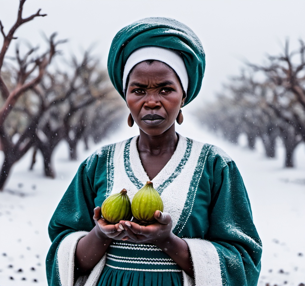 Prompt: Damara woman wearing blue green and white Namibian damara dress holding a fig in snowstorm