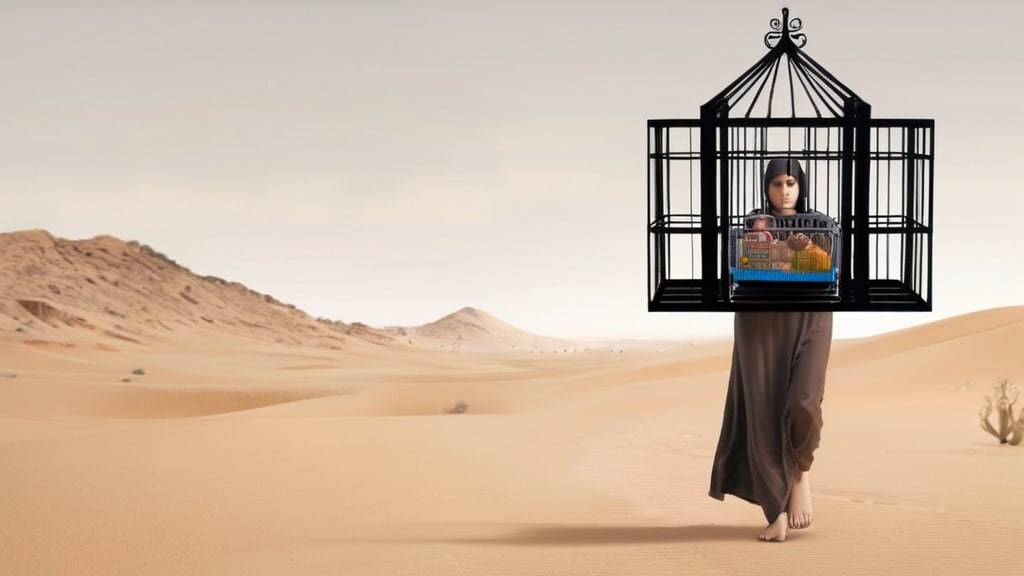 Prompt: giant  woman in the desert carrying small cages  containing tiny people