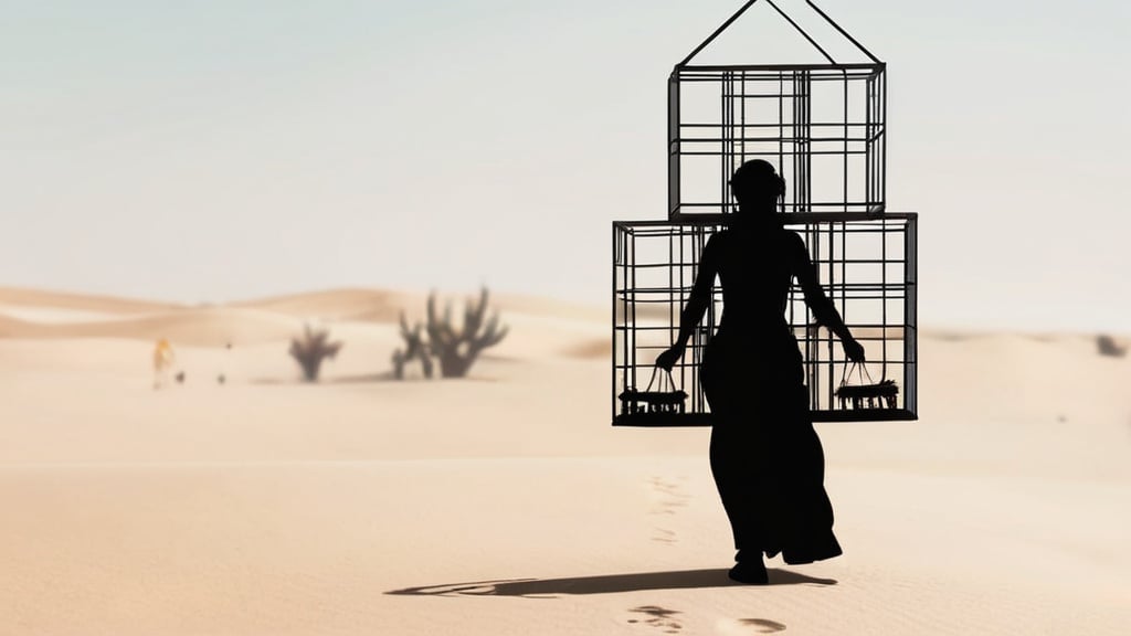 Prompt: giant  woman in the desert carrying small cages  containing tiny people