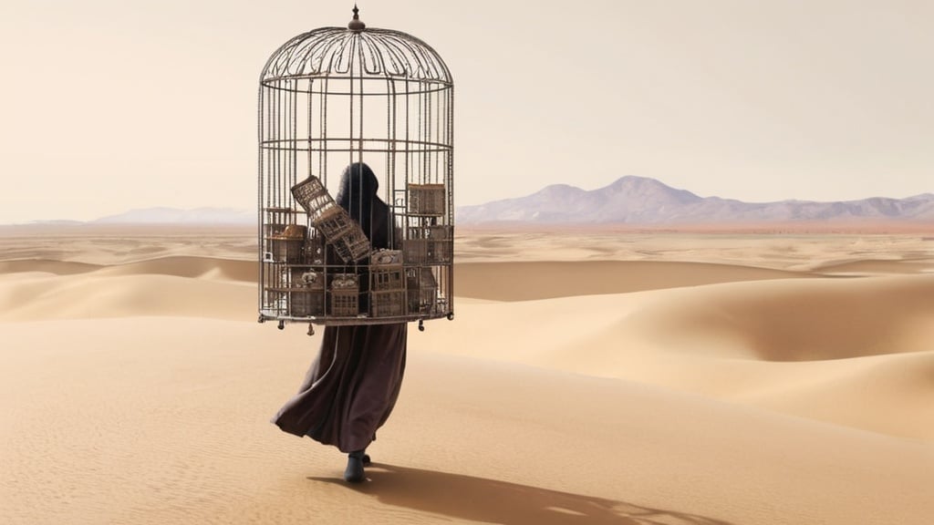 Prompt: giant  woman in the desert carrying small cages  containing tiny people