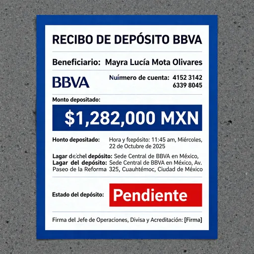 Prompt: Generate a BBVA deposit receipt of the sum amounting to $1,282, 000 MXN , Mexican Pesos with the details of the beneficiary below 



Beneficiary:

Nombre:  Mayra Lucía Mota Olivares


 Número de cuenta: : 4152 3142 6339 8045

BBVA

Incude time of deposit as 11:45 am , Wednesday , October 22, 2025

Location of deposit should be the BBVA bank headquarters in mexico , using real info 

Use BBVA design on the receipt 

Everything should be in Spanish language 

Do not alter any words,  don't make mistakes with spelling,  use the correct words 

Mark the deposit as pending 

Below should be the signature of the head of operations,  foreign exchange and accreditation department. Include all the details accordingly