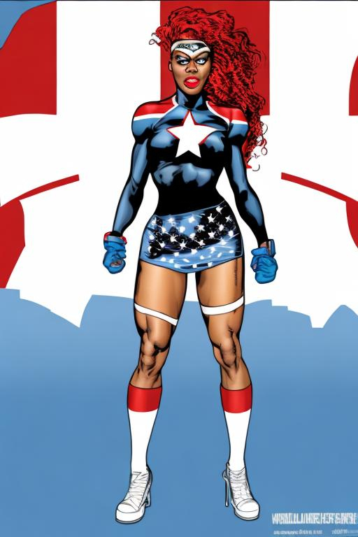 Prompt: Exteme longshot, extreme wide shot, black women patriotic superhero, wearing red mini skirt,

