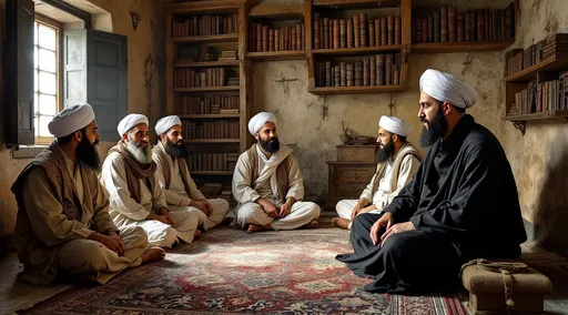 Prompt: Inside one of the rooms of the old traditional houses 700 years ago, there is a room containing a wall library with shelves inside the wall from the wall, there are some decorated religious books, with simple home furniture, there are five sheikhs with very short beards, sitting, wearing white turbans with a scarf hanging down on the shoulders, because their beards are very short, with a robe, sitting on the carpet on the floor listening to a bald man wearing a black robe, the man is of medium height, with a short black beard