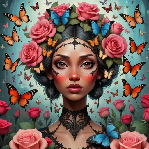 Prompt: a woman with flowers and butterflies on her head and face, surrounded by butterflies and roses, is surrounded by butterflies and roses, Android Jones, gothic art, highly detailed digital painting, a detailed painting