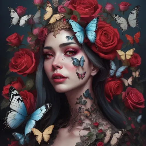 Prompt: a woman with flowers and butterflies on her head and face, surrounded by butterflies and roses, is surrounded by butterflies and roses, Android Jones, gothic art, highly detailed digital painting, a detailed painting