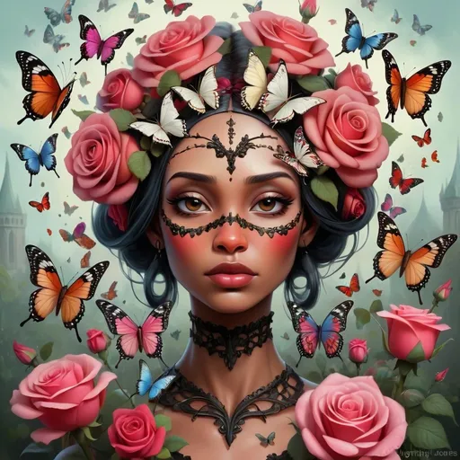 Prompt: a woman with flowers and butterflies on her head and face, surrounded by butterflies and roses, is surrounded by butterflies and roses, Android Jones, gothic art, highly detailed digital painting, a detailed painting