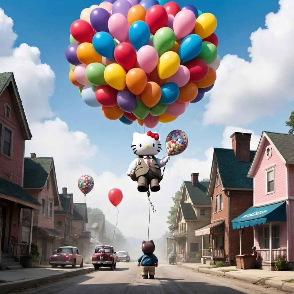 Prompt: Balloon Scene from The movie "Up" but instead of the old man re place with Hello Kitty 








