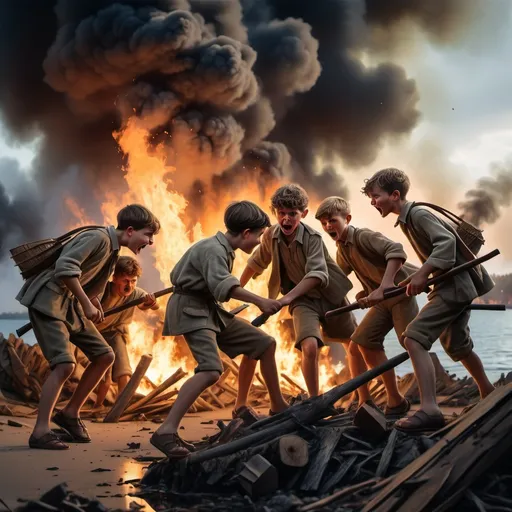 Prompt: show me a group 1 boy battling 5 boys with wood as weapons on an island in shaggy old clothes from the time of world war 1 with a fire in the background. make it look scary. make the 5 boys attacking the one boy all have holes in their cothing