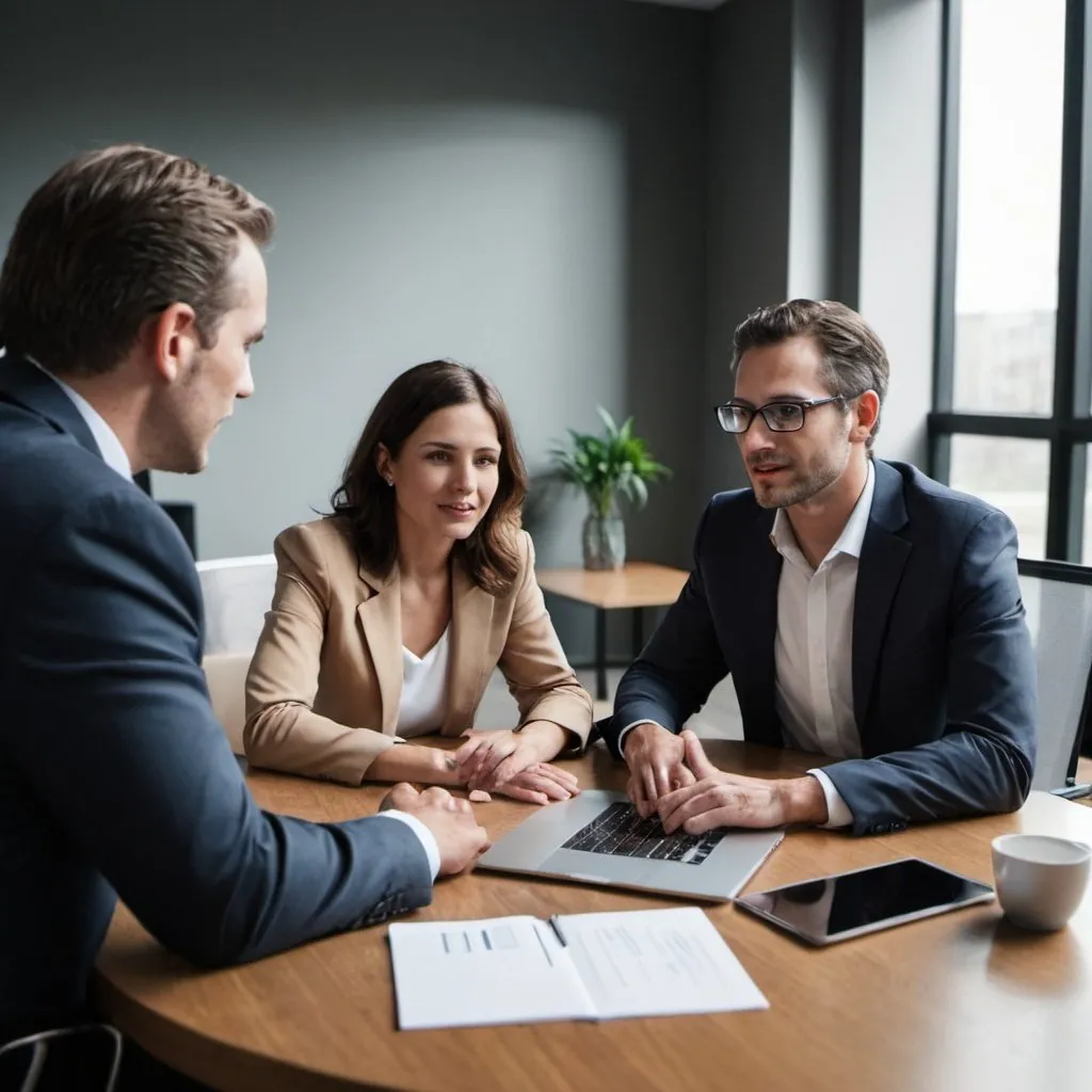 Prompt: 3 people talking about closing a deal seated around a conference table and open laptop computer
