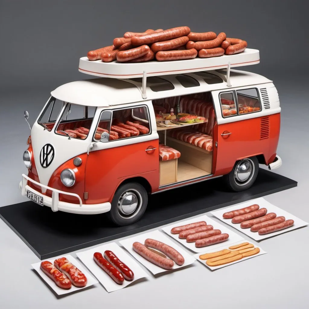 Prompt: A person selling sausages out of a 1965 Volkswagen bus with various toppings including ketchup in 3D as a good drawing