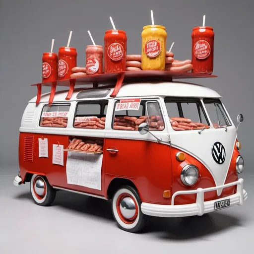 Prompt: A person selling sausages out of a 1965 Volkswagen bus with various toppings including ketchup in 3D as a good drawing