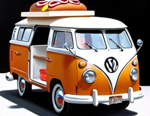 Prompt: a person selling hot dogs in a 1965 Volkswagen bus with various toppings including ketchup in 3D as a good drawing