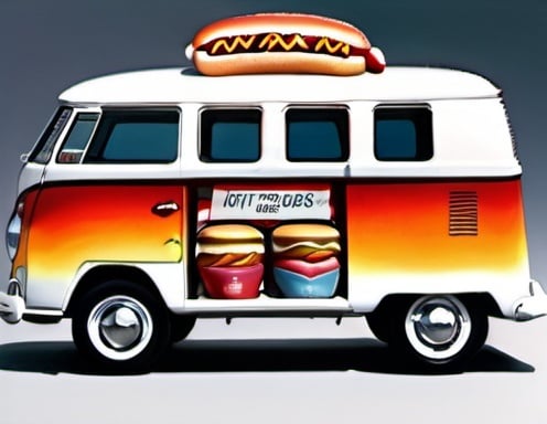 Prompt: a person selling hot dogs in a 1965 Volkswagen bus with various toppings including ketchup in 3D as a good drawing