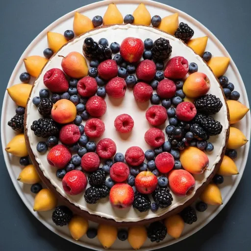 Prompt: a round cake seen from above with a lot of fruit
