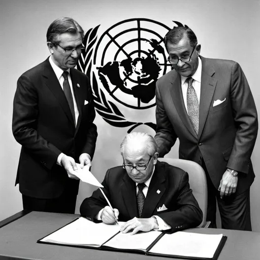 Prompt: create an image about the United Nations signing a treaty combating racketering of cultural artifacts. This is the UNESCO world treaty of 1970