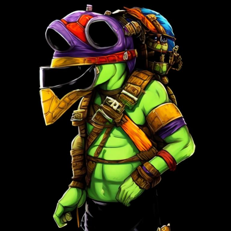 Prompt: teenage mutant ninja turtle steam punk
one with red mask blue mask orange mask purple mask

