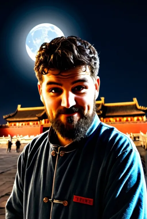 Prompt: One person in the right side of Beijing's Forbidden City at night with a big moon in the background