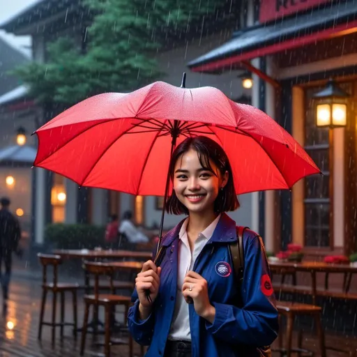Prompt: <mymodel> sitting in-front of the cozy modern cafe, holding a red umbrella, light rain, smiling at the camera