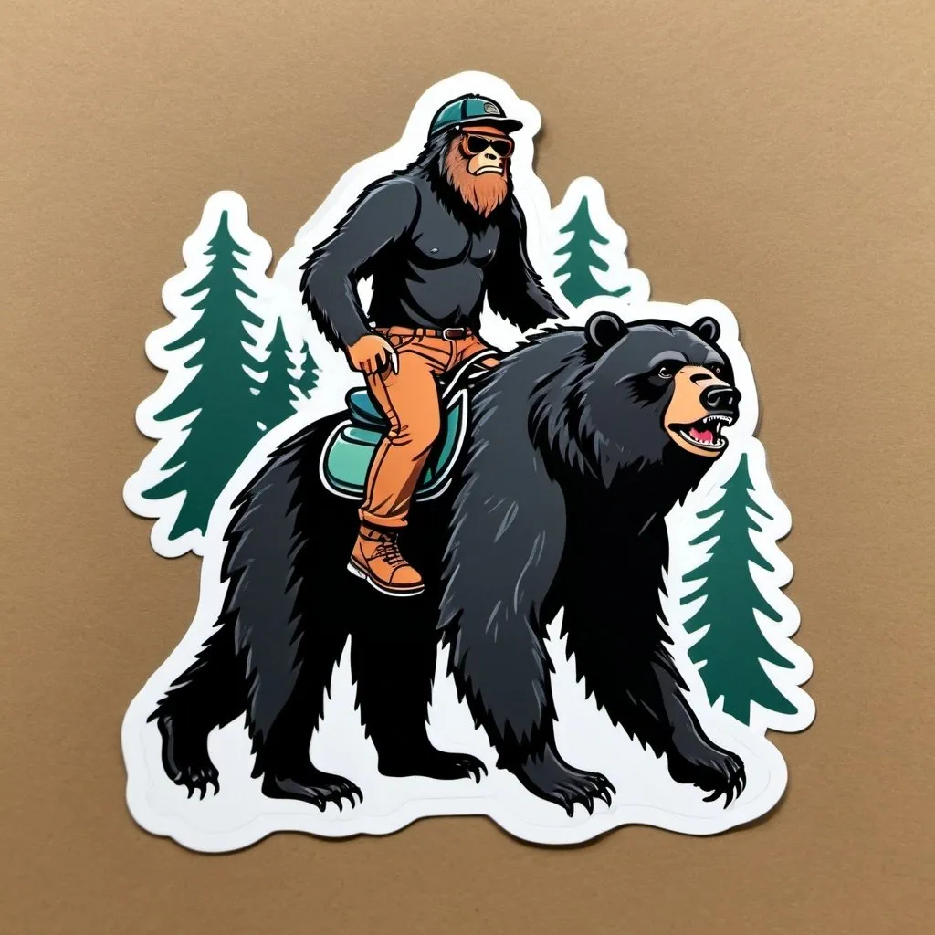 Prompt: Illustrated Sasquatch Riding a Black Bear