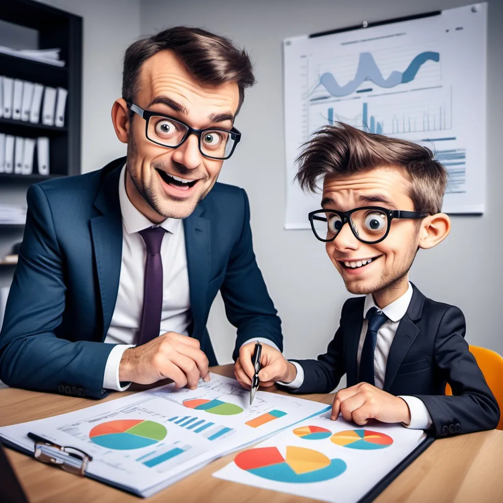 Prompt: modern accountant who shows a childish cartoon to a young client