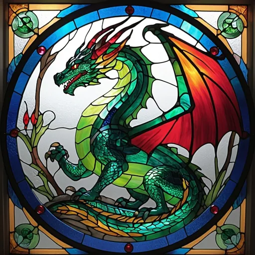 Prompt: Dragon stained glass