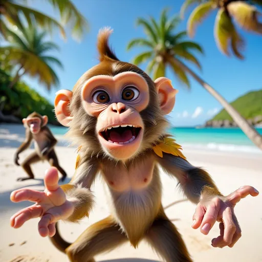 Prompt: Dreamy pastel portrait, wizard, ethereal atmosphere, soft focus
Create an ultra-realistic 8K wide-angle video of a playful monkey taking a selfie while dancing energetically with a group of other monkeys on a pristine Caribbean beach. The scene is bathed in bright, natural sunlight, highlighting the monkeys' intricate fur and playful expressions. The main monkey, holding a smartphone, moves with exuberant joy, its fur flowing dynamically with each dance move. In the background, the crystal-clear turquoise waters of the Caribbean Sea and swaying palm trees create a breathtaking backdrop. The entire scene is filled with a contagious sense of fun and energy, capturing the essence of a tropical paradise.