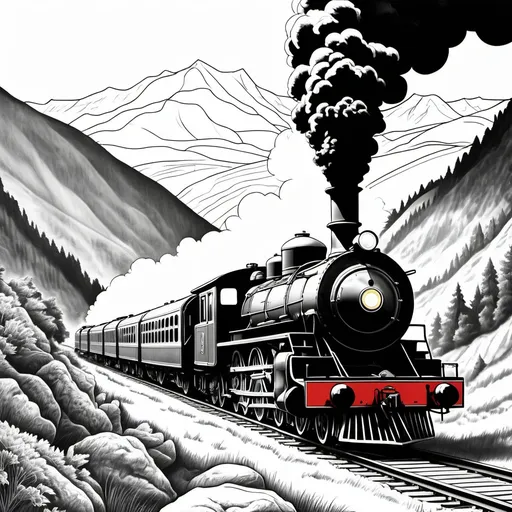 Prompt: Create a landscape colouring page with numbering for colour painting of a an old steam train driving through the mountains black and white no colour and only black lines 