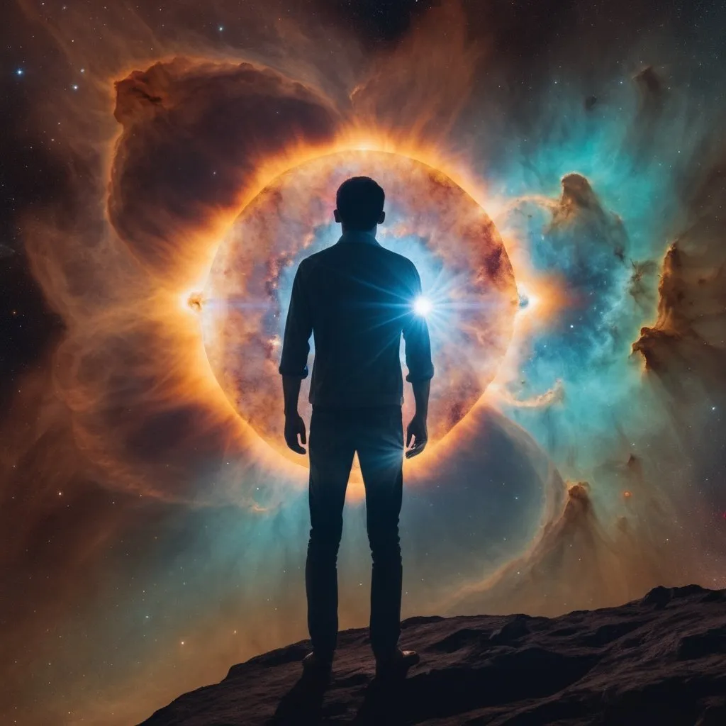 Prompt: a standing man is looking at a sun inside a nebula