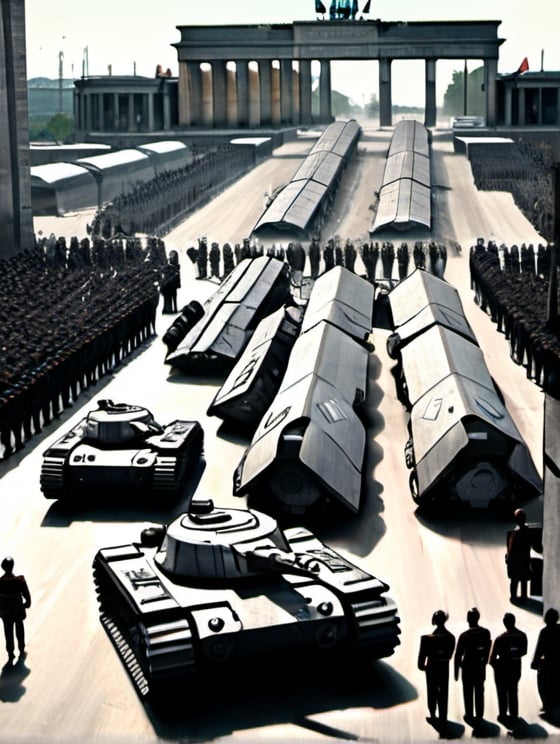 Prompt: A Futuristic setting,in Berlin, a parade of futuristic nazis,science fiction style tanks and troops,clear picture. 