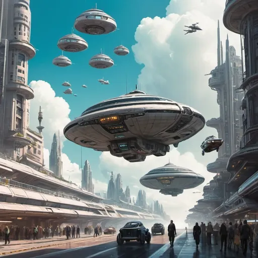 Prompt: A science fiction cityscape with flying science fiction cars,people walking around, a ship in the sky.
